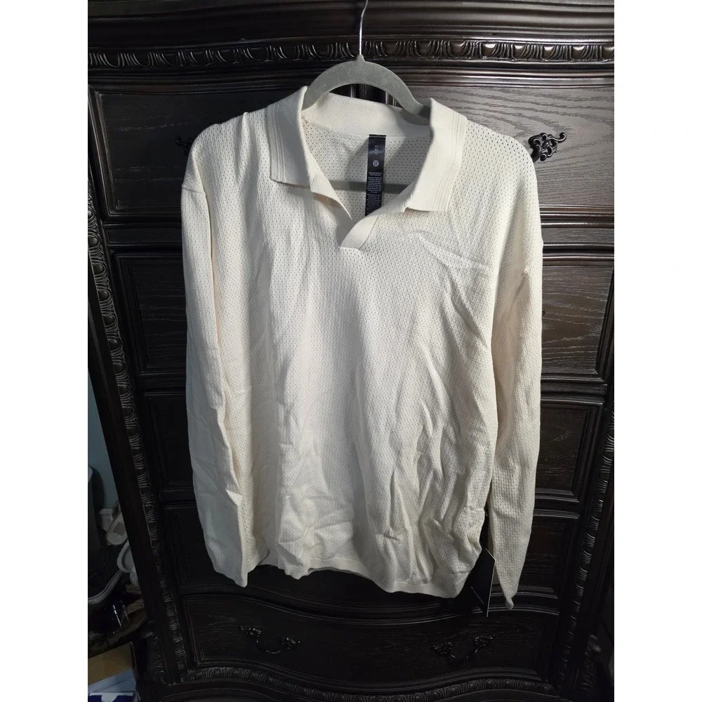 Lululemon Cotton-Blend Knit Long-Sleeve Polo Light Ivory XL LM3GX1S NWT